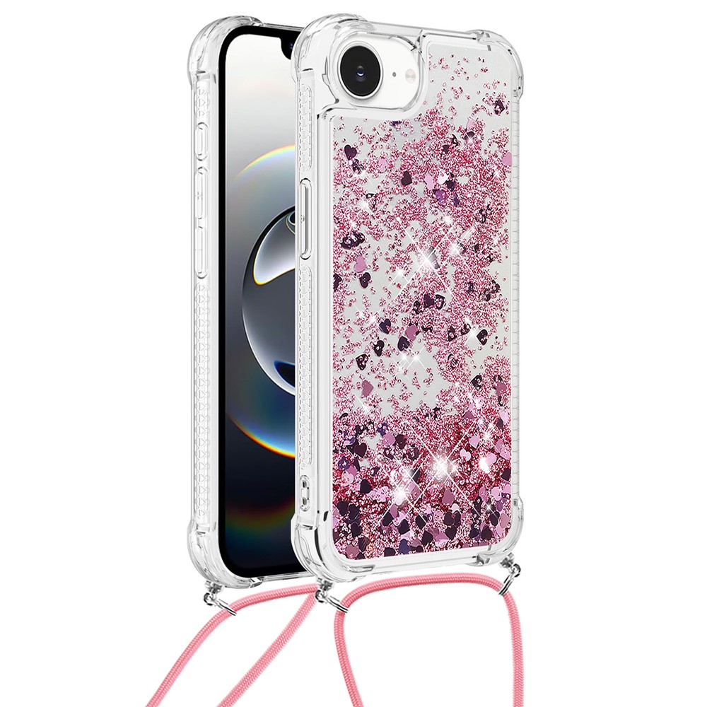 For iPhone 16e TPU Case Quicksand Design Phone Cover with Lanyard - Rose Gold / Hearts