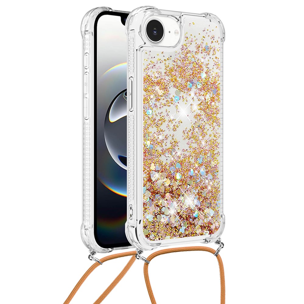For iPhone 16e TPU Case Quicksand Design Phone Cover with Lanyard - Gold / Hearts