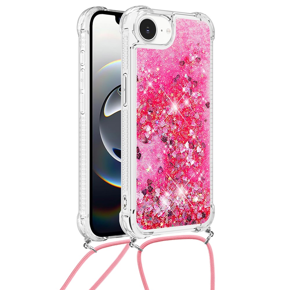For iPhone 16e TPU Case Quicksand Design Phone Cover with Lanyard - Pink / Hearts
