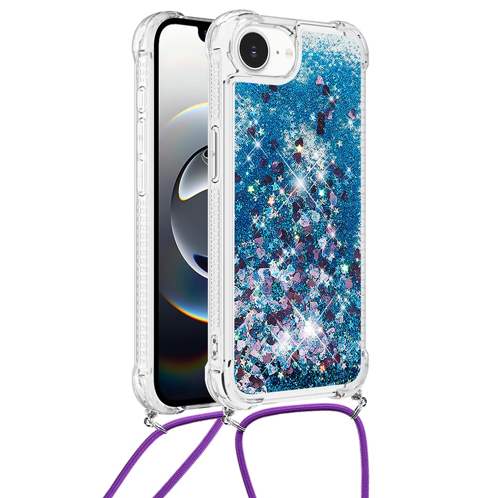 For iPhone 16e TPU Case Quicksand Design Phone Cover with Lanyard - Blue / Hearts