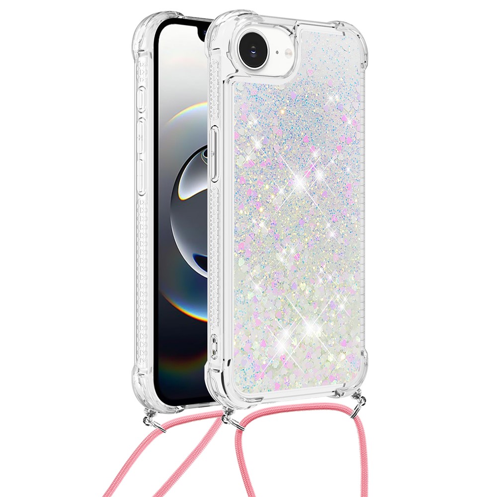 For iPhone 16e TPU Case Quicksand Design Phone Cover with Lanyard - Laser / Hearts