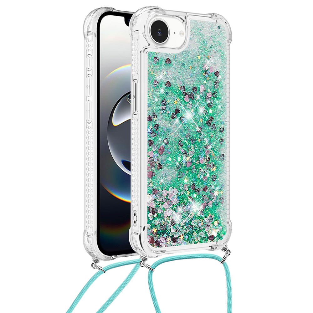 For iPhone 16e TPU Case Quicksand Design Phone Cover with Lanyard - Green / Hearts