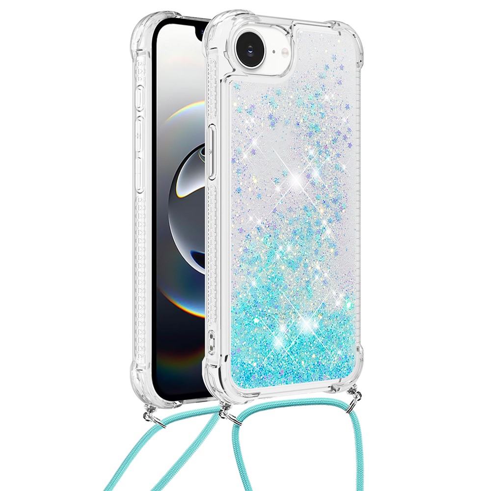 For iPhone 16e TPU Case Quicksand Design Phone Cover with Lanyard - Blue / Pentagram