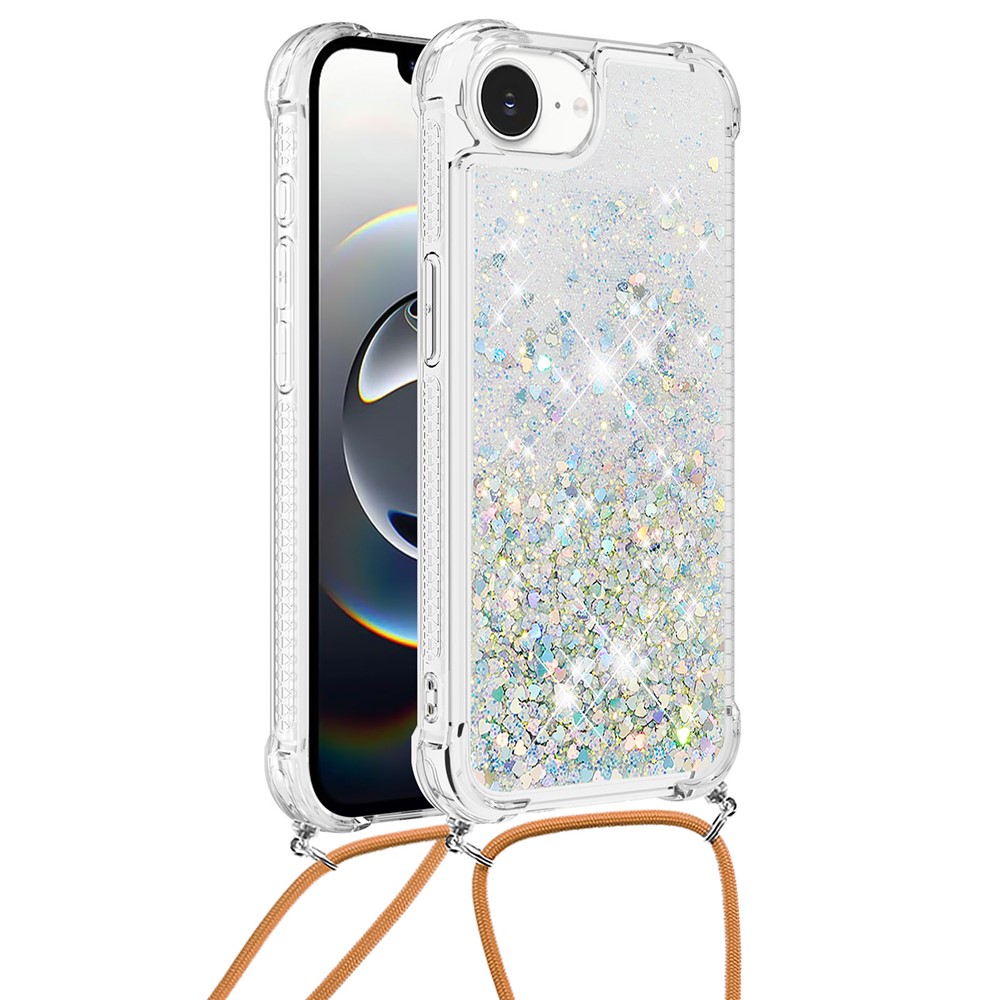 For iPhone 16e TPU Case Quicksand Design Phone Cover with Lanyard - Silver / Hearts
