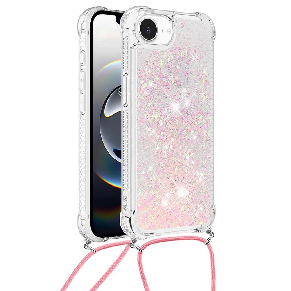 For iPhone 16e TPU Case Quicksand Design Phone Cover with Lanyard - Pink / Pentagram