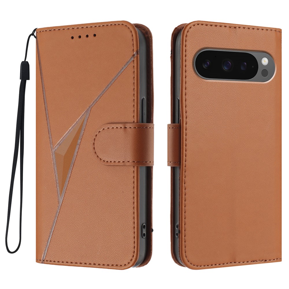 For Google Pixel 10 Pro / Google Pixel 9 / Google Pixel 9 Pro / Google Pixel 10 Case Triangle Imprint Leather Phone Cover with Lanyard - Coffee