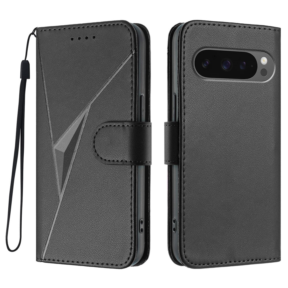 For Google Pixel 10 Pro / Google Pixel 9 / Google Pixel 9 Pro / Google Pixel 10 Case Triangle Imprint Leather Phone Cover with Lanyard - Black