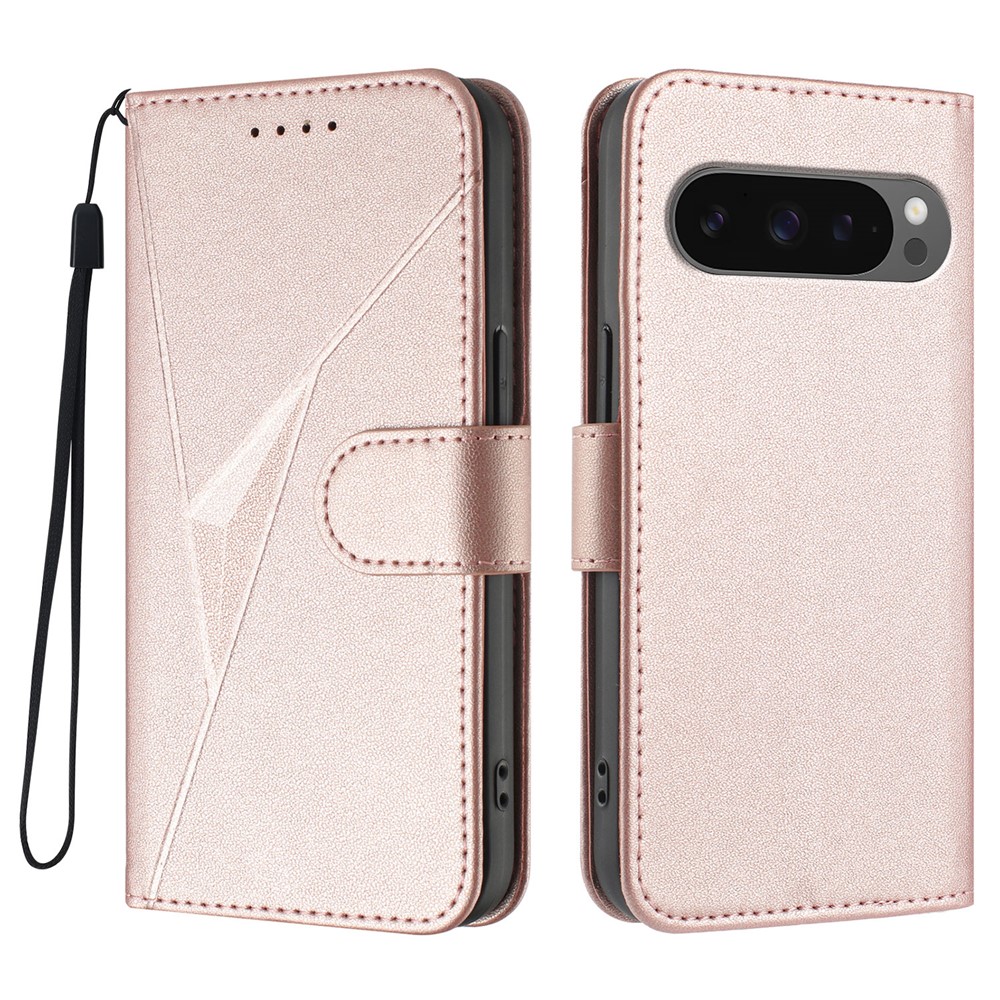 For Google Pixel 10 Pro / Google Pixel 9 / Google Pixel 9 Pro / Google Pixel 10 Case Triangle Imprint Leather Phone Cover with Lanyard - Rose Gold