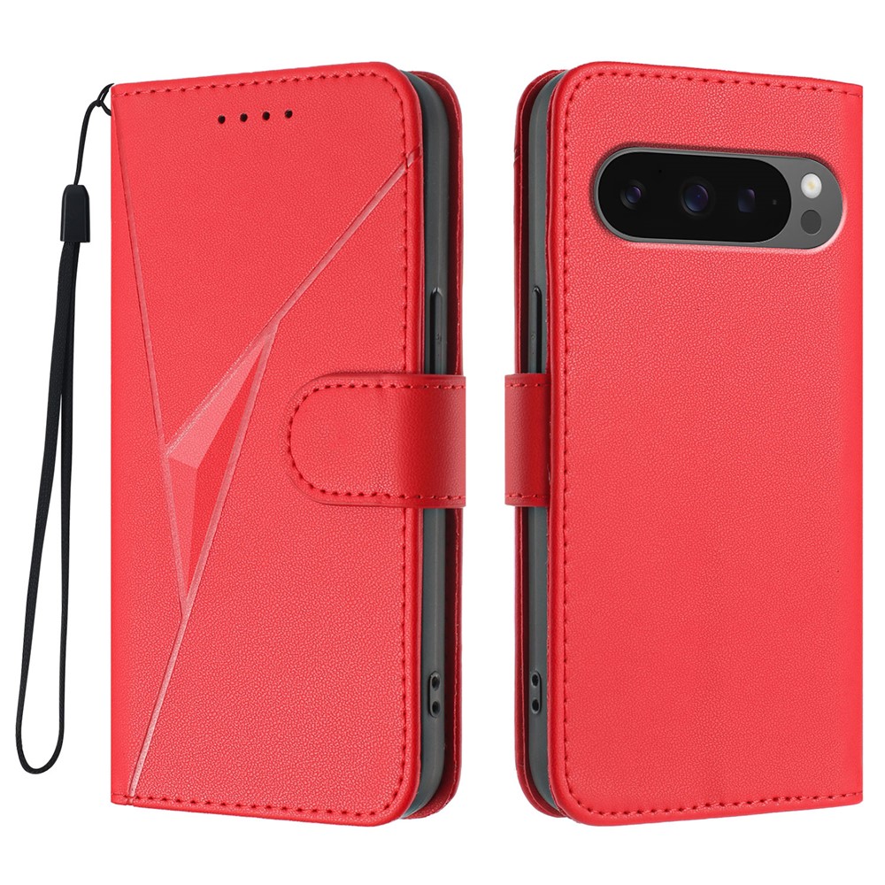 For Google Pixel 9 Pro XL / Google Pixel 10 Pro XL Case Triangle Imprint Leather Phone Cover with Lanyard - Red