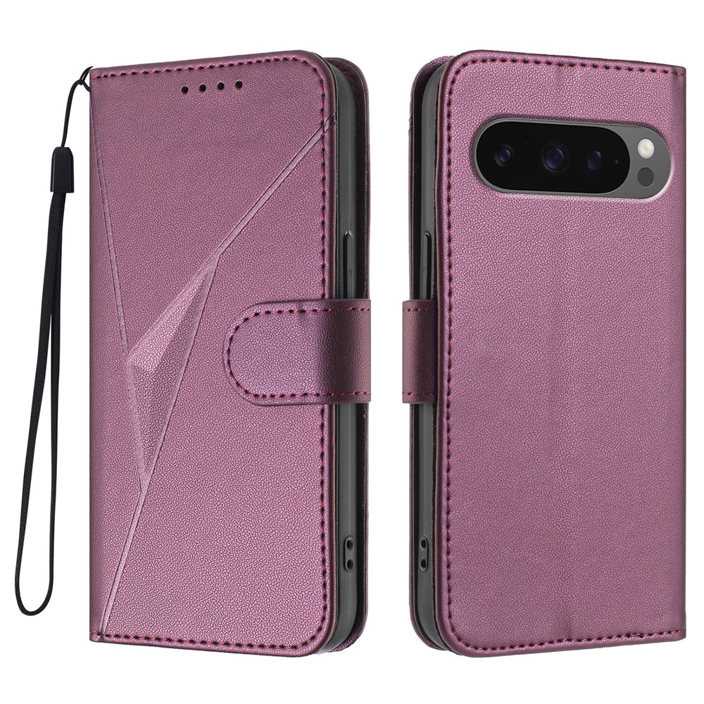 For Google Pixel 9 Pro XL / Google Pixel 10 Pro XL Case Triangle Imprint Leather Phone Cover with Lanyard - Dark Purple