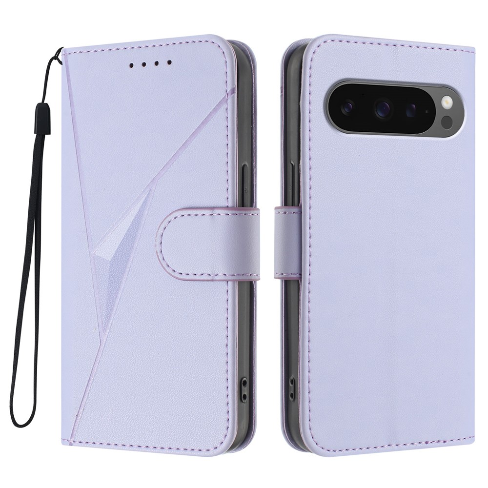 For Google Pixel 9 Pro XL / Google Pixel 10 Pro XL Case Triangle Imprint Leather Phone Cover with Lanyard - Light Purple