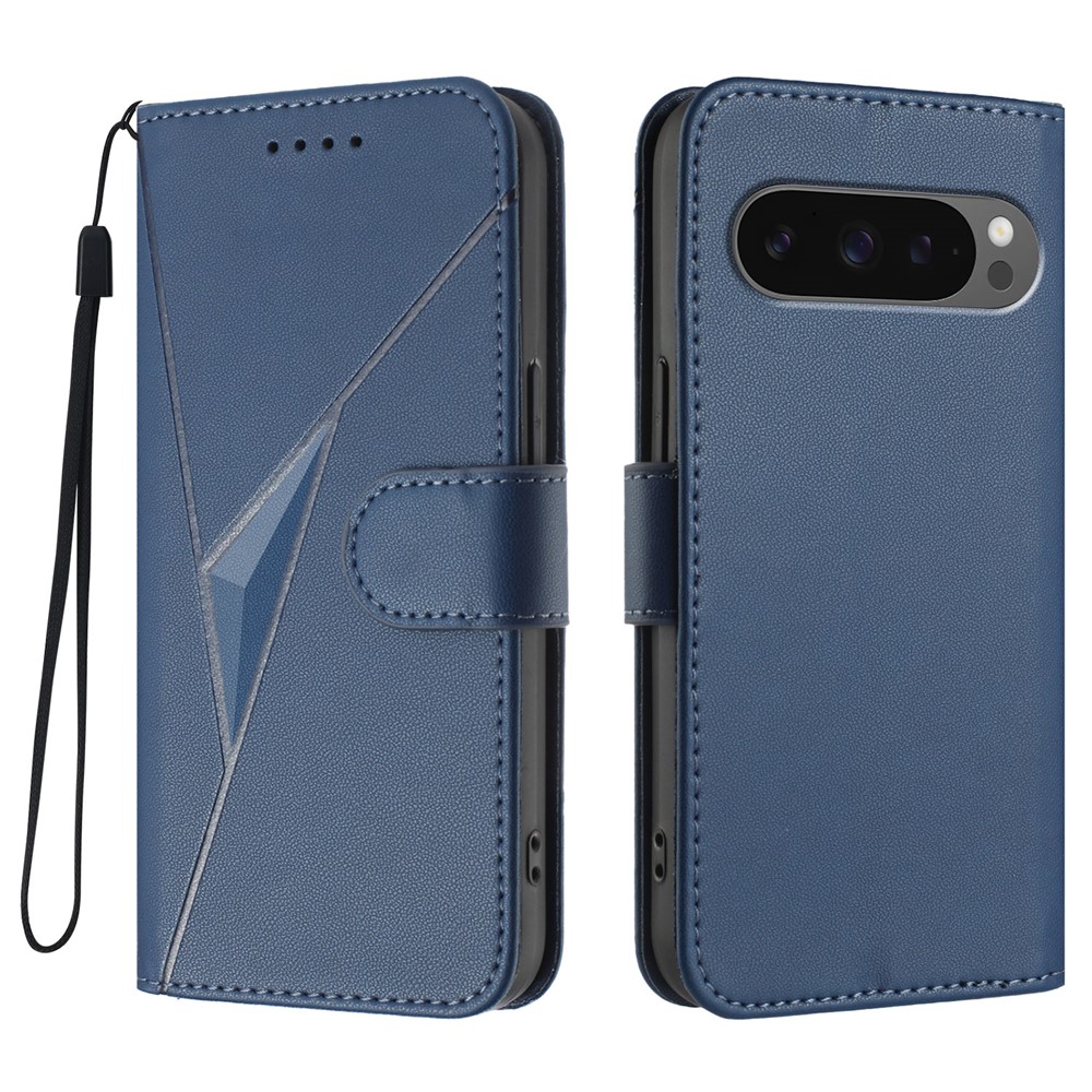 For Google Pixel 9 Pro XL / Google Pixel 10 Pro XL Case Triangle Imprint Leather Phone Cover with Lanyard - Royal Blue