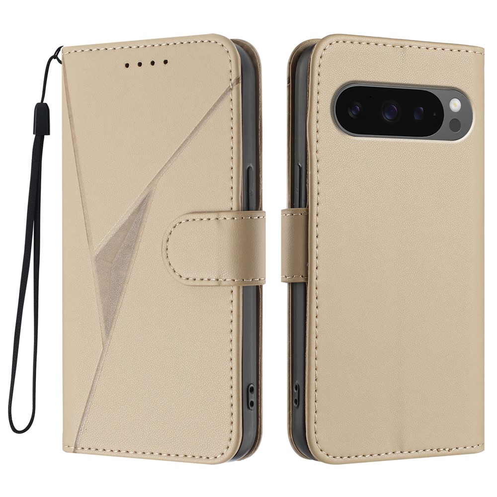 For Google Pixel 9 Pro XL / Google Pixel 10 Pro XL Case Triangle Imprint Leather Phone Cover with Lanyard - Golden
