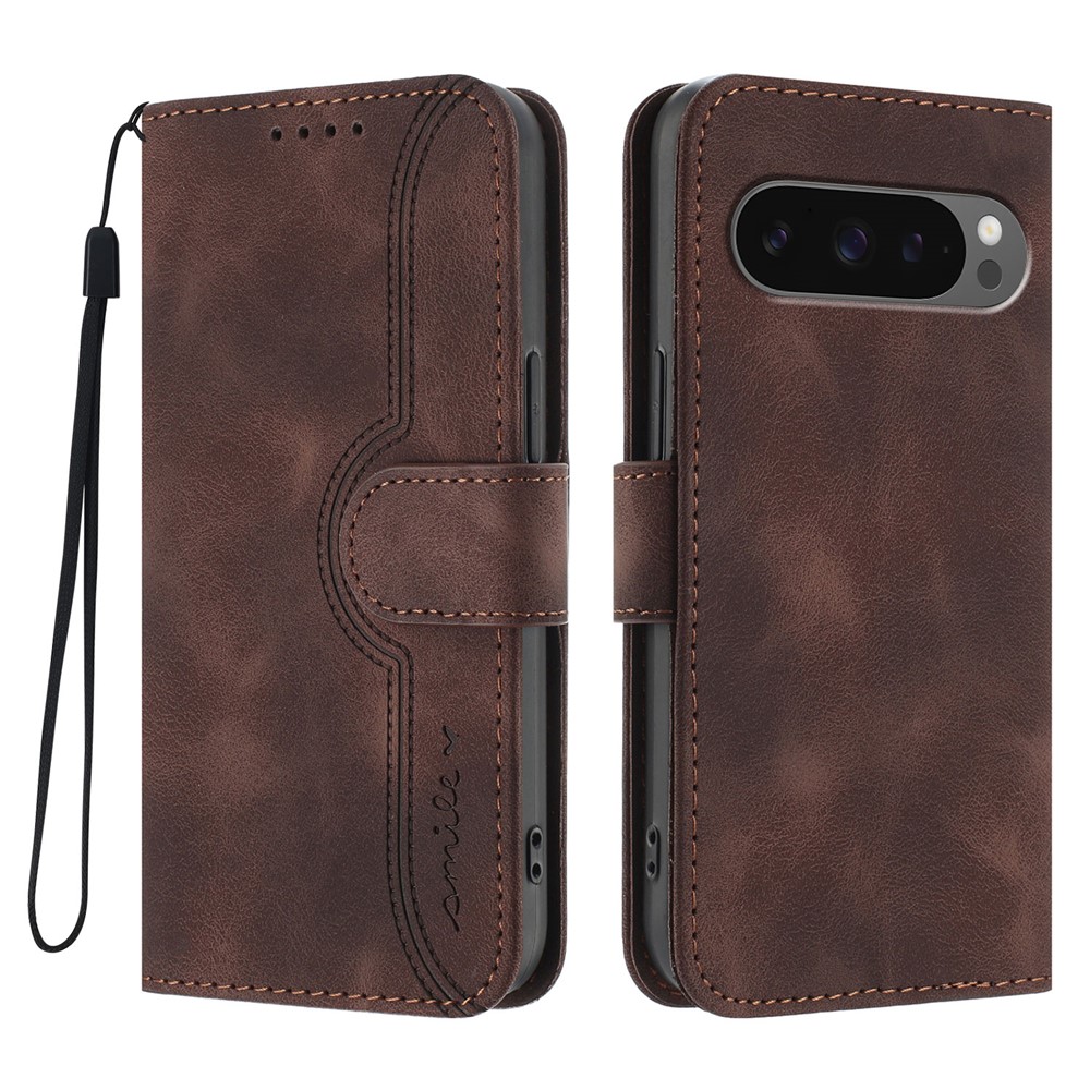 For Google Pixel 9 Pro XL / Google Pixel 10 Pro XL Leather Case Wallet Stand Smile Imprinted Phone Cover with Strap - Coffee