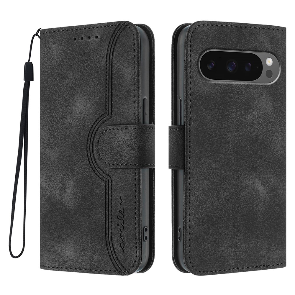 For Google Pixel 10 Pro / Pixel 9 / Pixel 9 Pro / Pixel 10 Leather Case Wallet Stand Smile Imprinted Phone Cover with Strap - Black