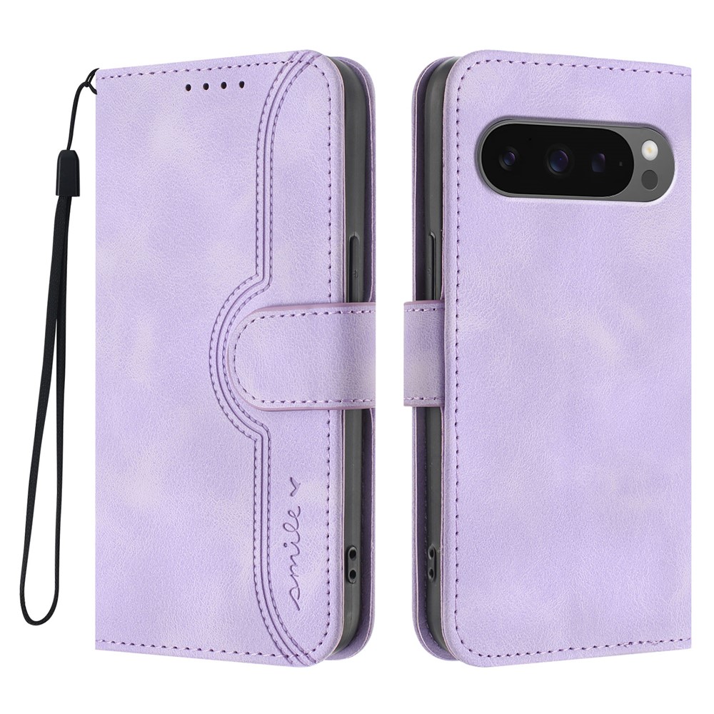 For Google Pixel 10 Pro / Pixel 9 / Pixel 9 Pro / Pixel 10 Leather Case Wallet Stand Smile Imprinted Phone Cover with Strap - Purple