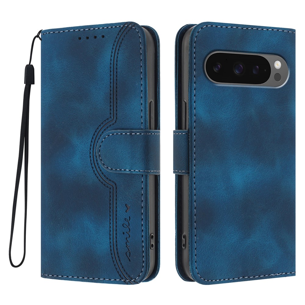 For Google Pixel 10 Pro / Pixel 9 / Pixel 9 Pro / Pixel 10 Leather Case Wallet Stand Smile Imprinted Phone Cover with Strap - Royal Blue