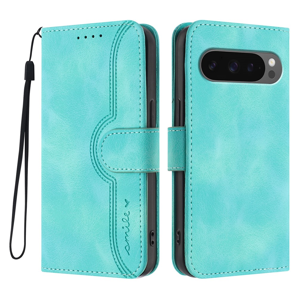For Google Pixel 10 Pro / Pixel 9 / Pixel 9 Pro / Pixel 10 Leather Case Wallet Stand Smile Imprinted Phone Cover with Strap - Light Blue