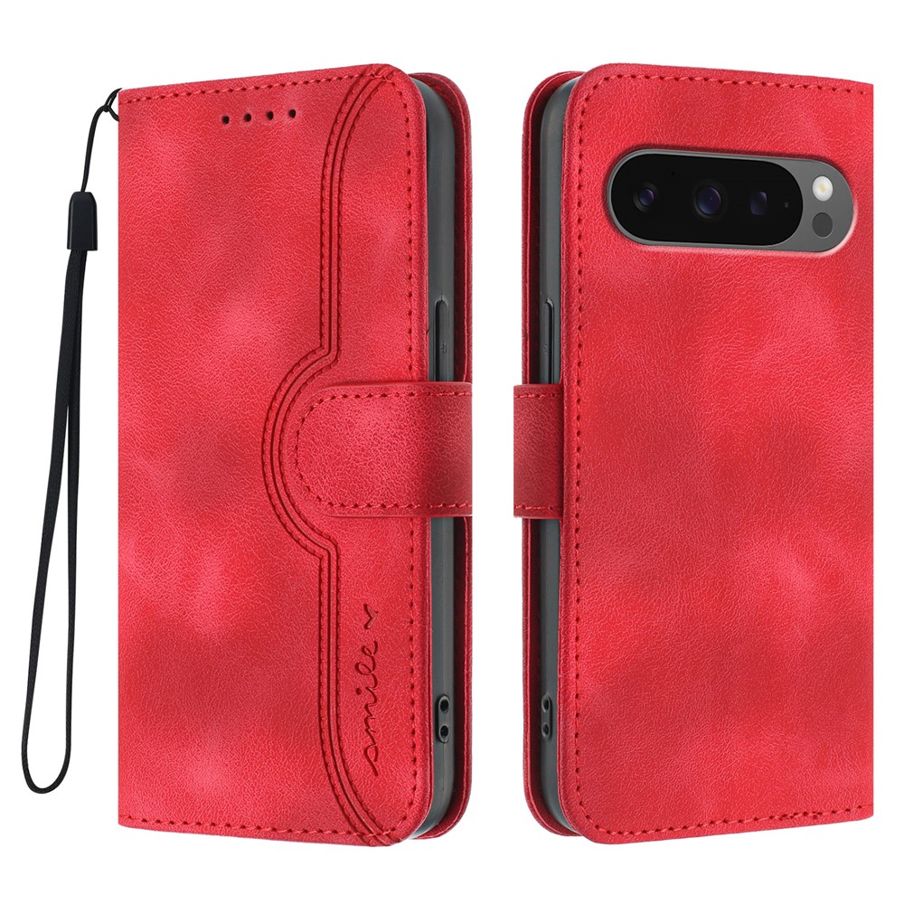 For Google Pixel 10 Pro / Google Pixel 9 / Google Pixel 9 Pro / Google Pixel 10 Leather Case Wallet Stand Smile Imprinted Phone Cover with Strap - Red