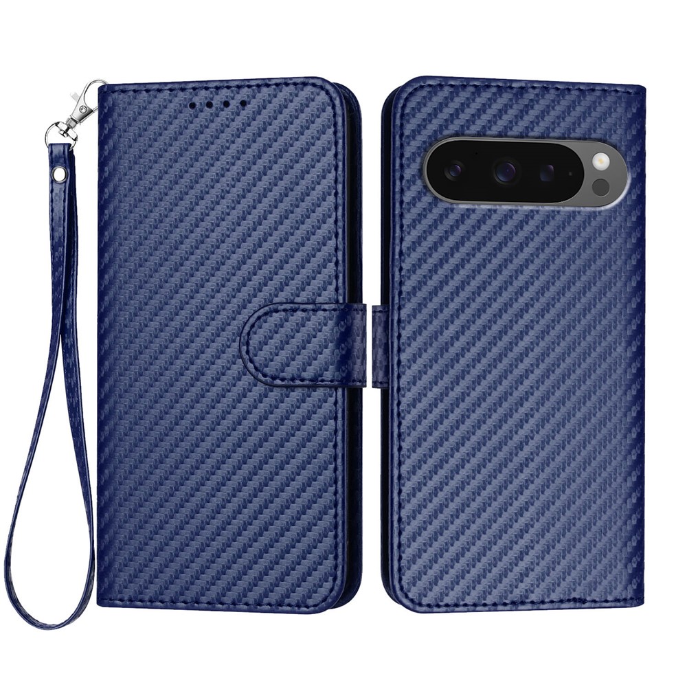 For Google Pixel 10 Pro / Google Pixel 9 / Google Pixel 9 Pro / Google Pixel 10 Wallet Case with Strap Carbon Fiber Texture Leather Mobile Cover - Royal Blue