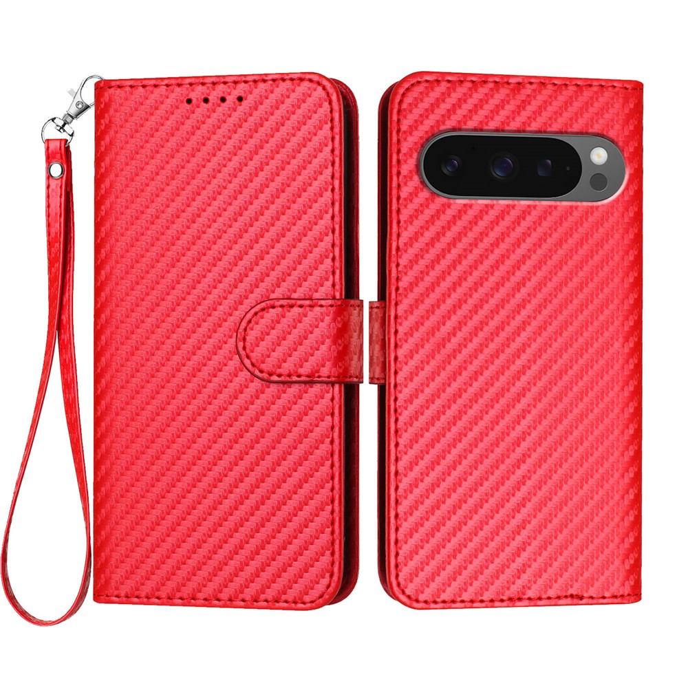 For Google Pixel 10 Pro / Google Pixel 9 / Google Pixel 9 Pro / Google Pixel 10 Wallet Case with Strap Carbon Fiber Texture Leather Mobile Cover - Red