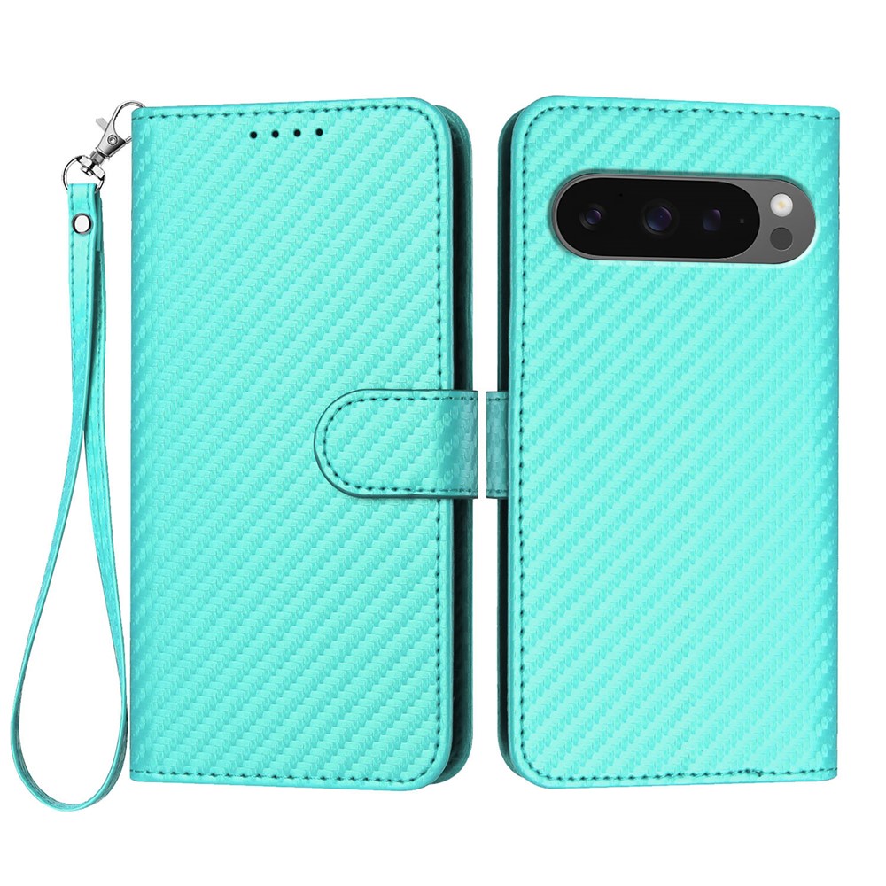 For Google Pixel 10 Pro / Google Pixel 9 / Google Pixel 9 Pro / Google Pixel 10 Wallet Case with Strap Carbon Fiber Texture Leather Mobile Cover - Light Blue