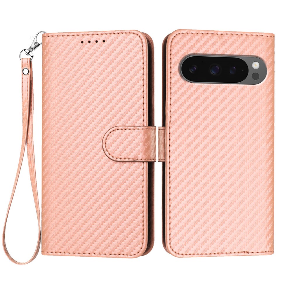 For Google Pixel 10 Pro / Google Pixel 9 / Google Pixel 9 Pro / Google Pixel 10 Wallet Case with Strap Carbon Fiber Texture Leather Mobile Cover - Pink