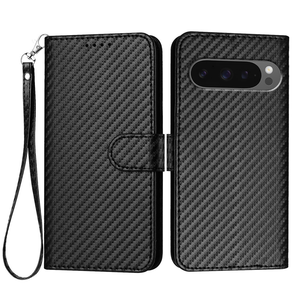 For Google Pixel 9 Pro XL / Google Pixel 10 Pro XL Wallet Case with Strap Carbon Fiber Texture Leather Mobile Cover - Black