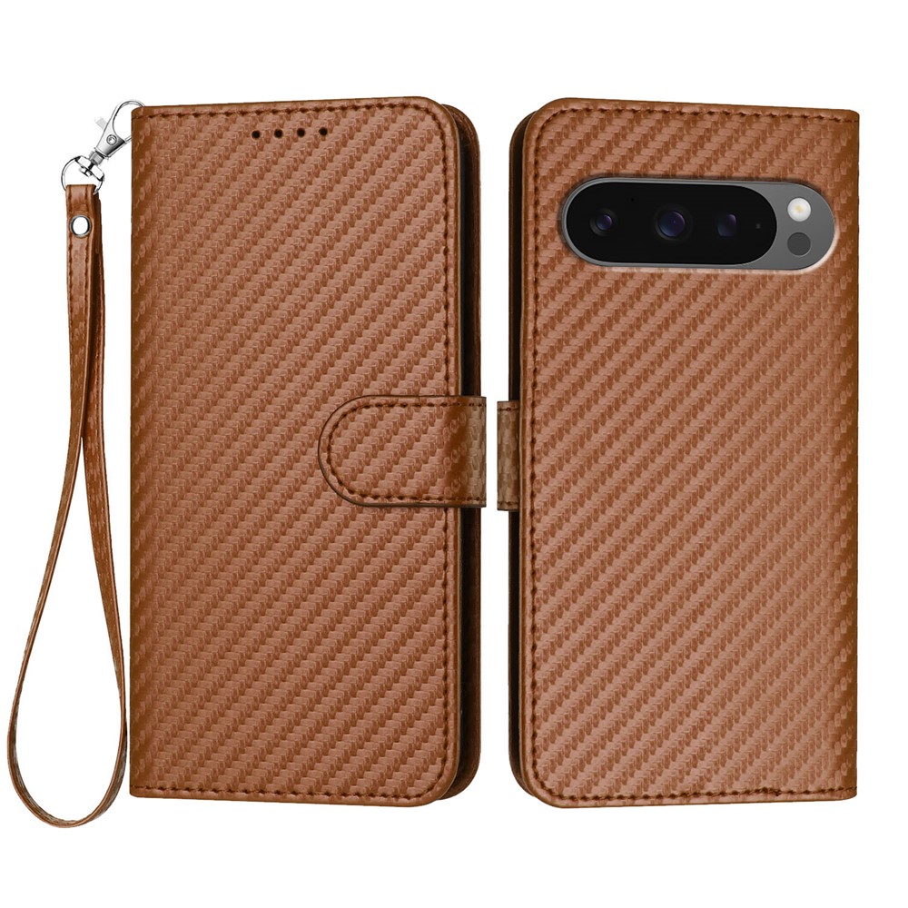 For Google Pixel 9 Pro XL / Google Pixel 10 Pro XL Wallet Case with Strap Carbon Fiber Texture Leather Mobile Cover - Coffee