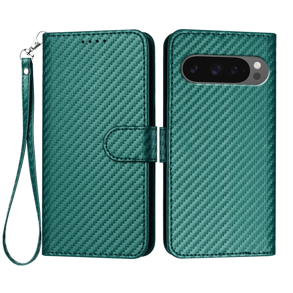 For Google Pixel 9 Pro XL / Google Pixel 10 Pro XL Wallet Case with Strap Carbon Fiber Texture Leather Mobile Cover - Blackish Green