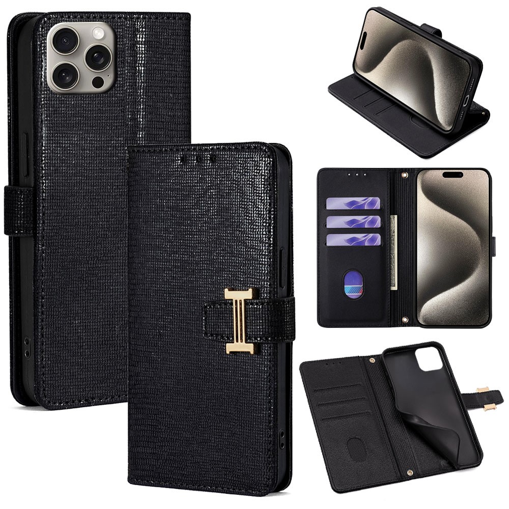 For iPhone 15 Pro Max Case Wallet Sequins Leather Crossbody Phone Cover - Black