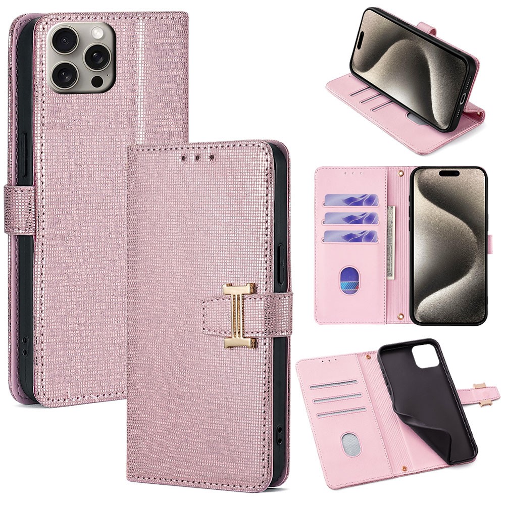 For iPhone 15 Pro Max Case Wallet Sequins Leather Crossbody Phone Cover - Rose Gold