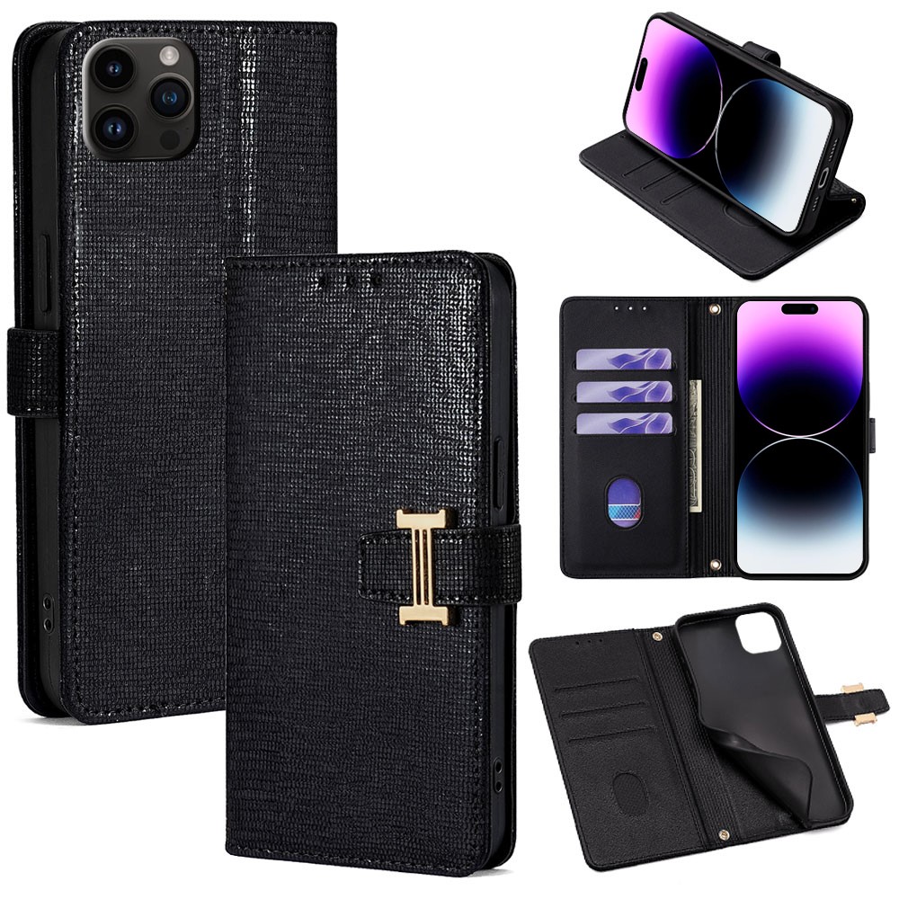 For iPhone 14 Pro Max Case Wallet Sequins Leather Crossbody Phone Cover - Black