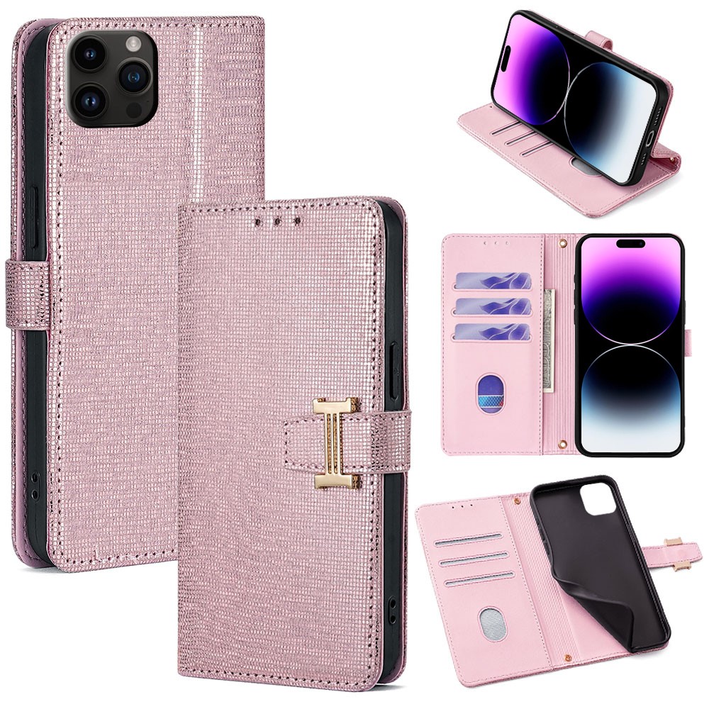 For iPhone 14 Pro Max Case Wallet Sequins Leather Crossbody Phone Cover - Rose Gold