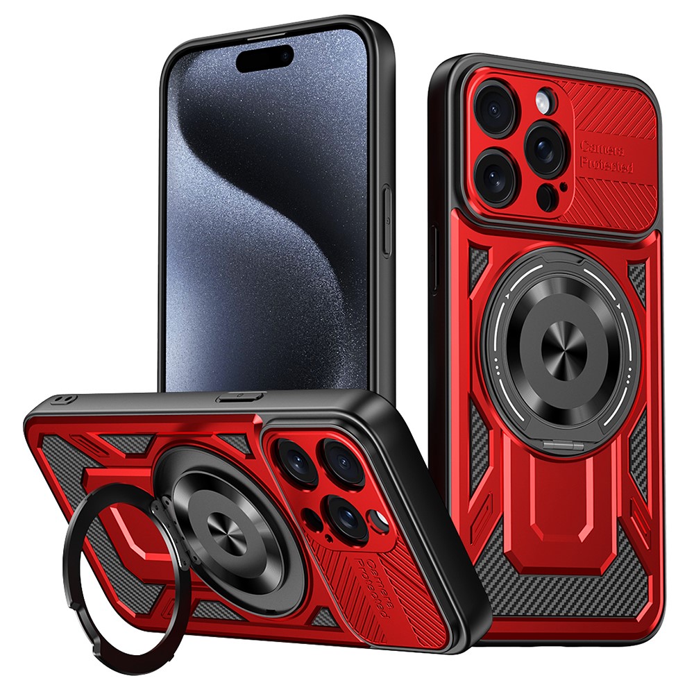For iPhone 15 Pro Max Case Compatible with MagSafe Rotating Kickstand TPU + PC Phone Cover - Red