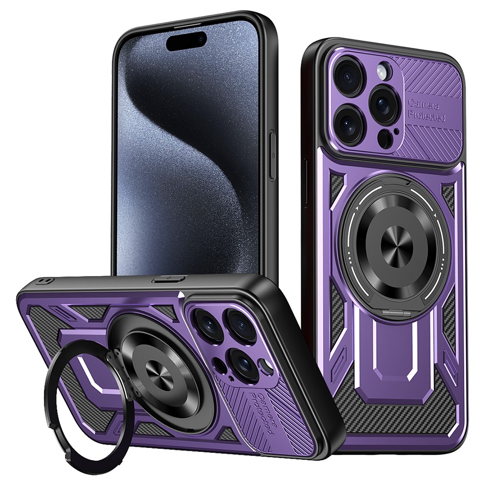 For iPhone 15 Pro Max Case Compatible with MagSafe Rotating Kickstand TPU + PC Phone Cover - Purple