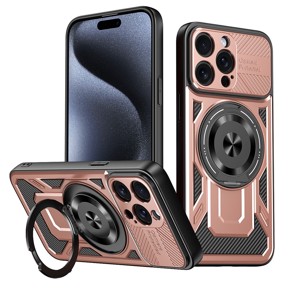 For iPhone 15 Pro Case Compatible with MagSafe Rotating Kickstand TPU + PC Phone Cover - Rose Gold