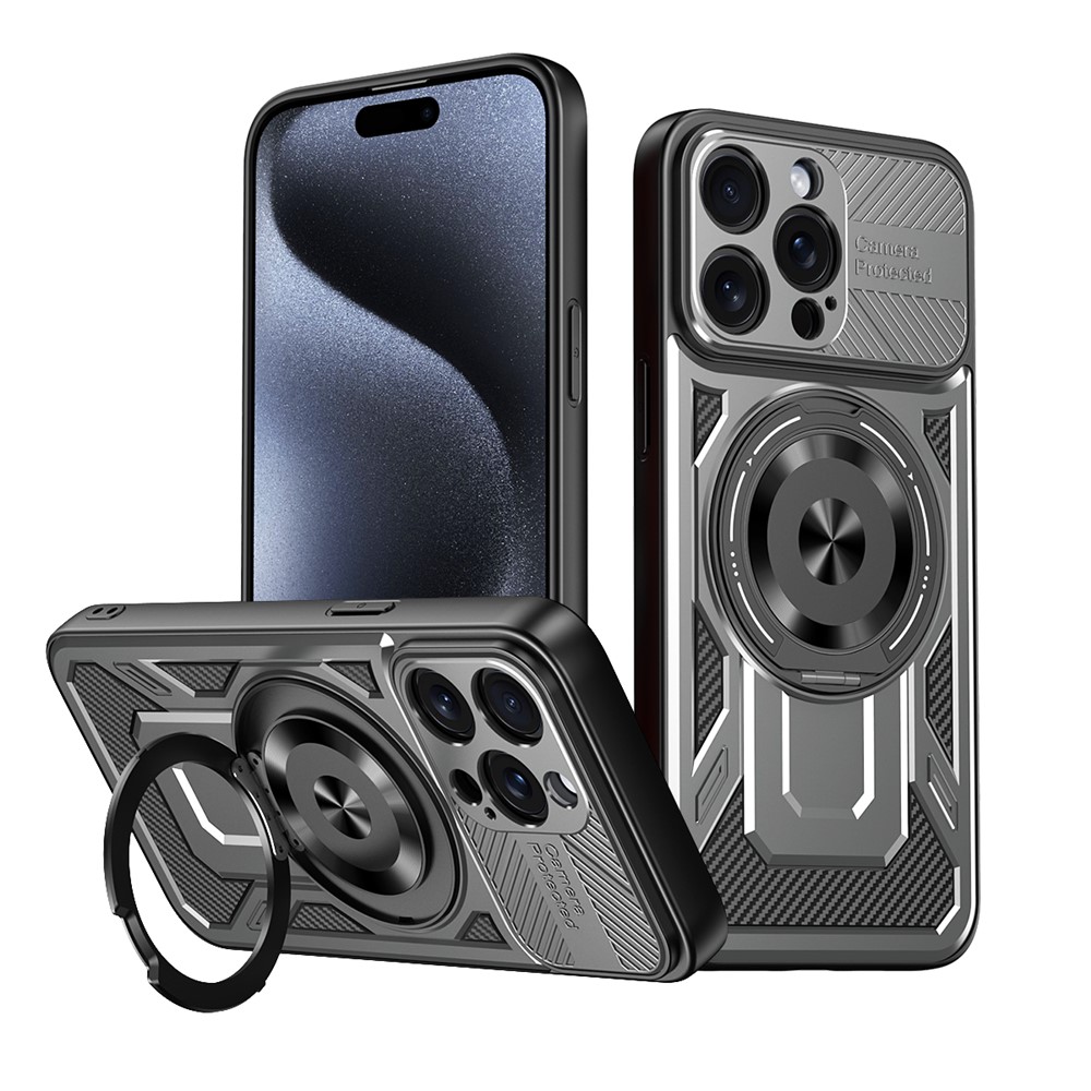 For iPhone 15 Pro Case Compatible with MagSafe Rotating Kickstand TPU + PC Phone Cover - Grey