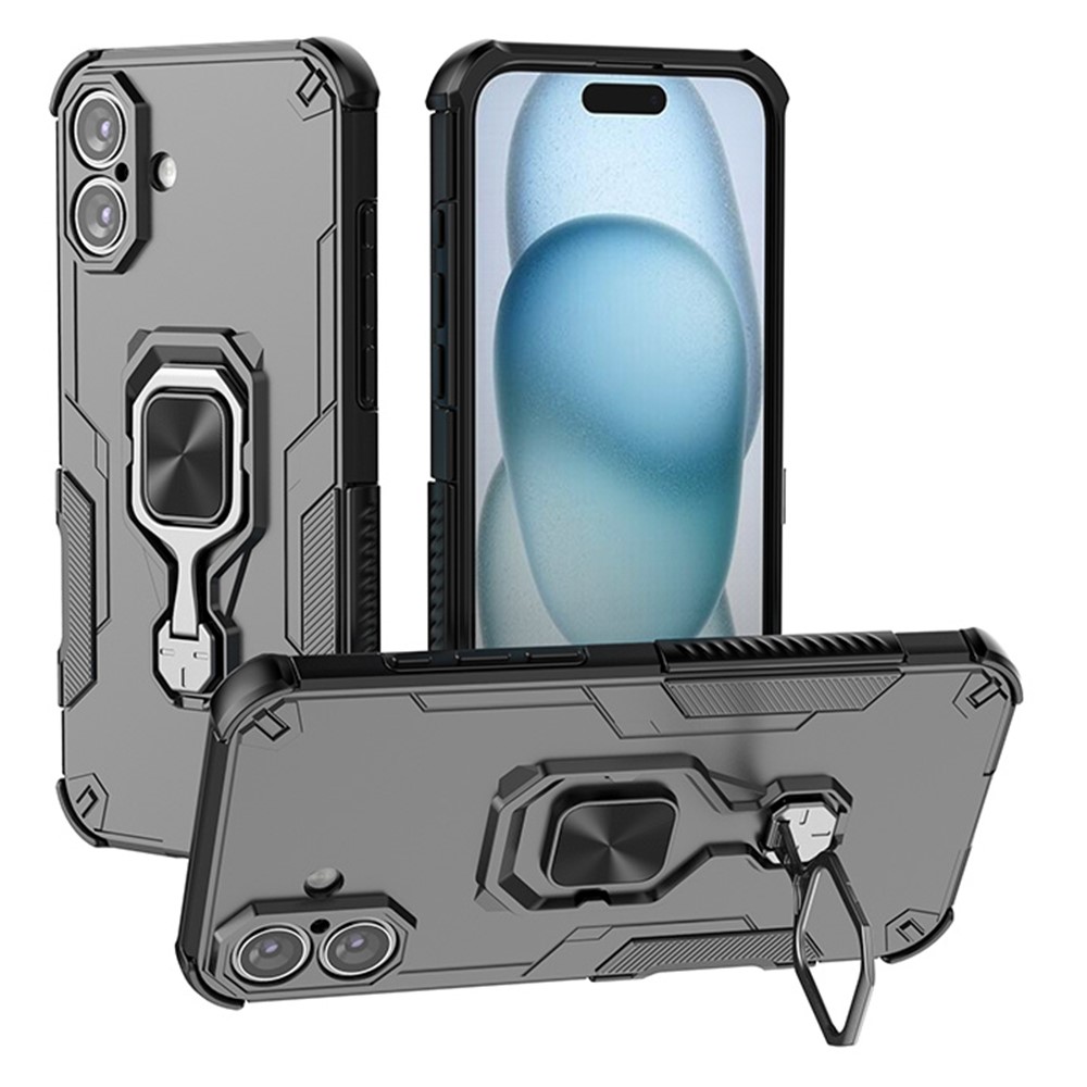 For iPhone 16 Plus Case Rotatable Ring Kickstand PC + TPU Shockproof Phone Cover - Black