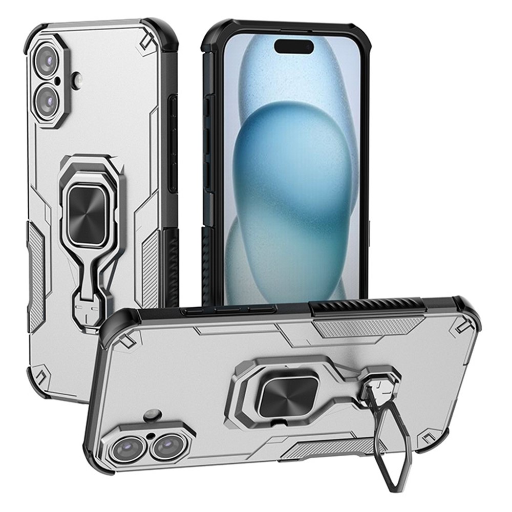 For iPhone 16 Plus Case Rotatable Ring Kickstand PC + TPU Shockproof Phone Cover - Titanium Grey