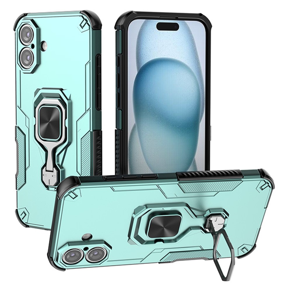 For iPhone 16 Plus Case Rotatable Ring Kickstand PC + TPU Shockproof Phone Cover - Green