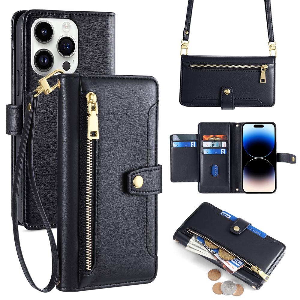 For iPhone 14 Pro Case Zipper Pocket Wallet Leather Phone Cover with 2 Straps - Black