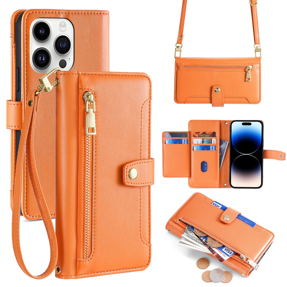 For iPhone 14 Pro Case Zipper Pocket Wallet Leather Phone Cover with 2 Straps - Orange