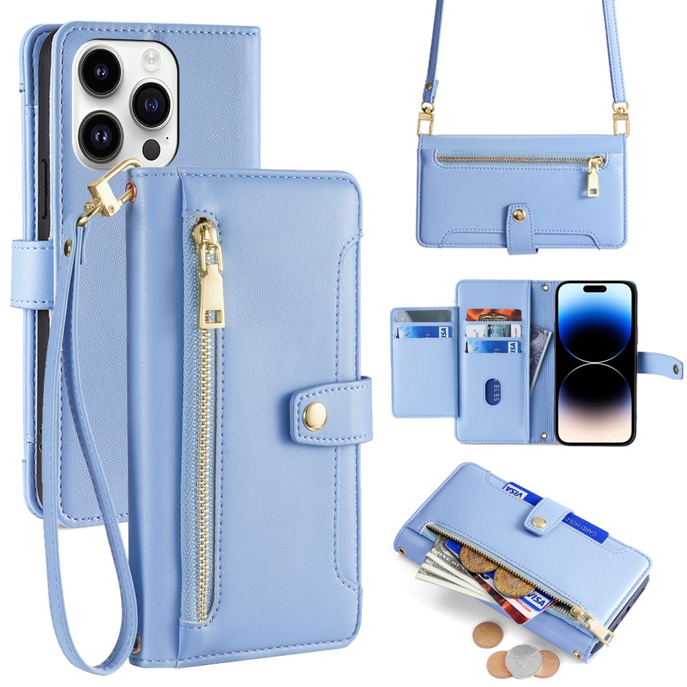 For iPhone 14 Pro Case Zipper Pocket Wallet Leather Phone Cover with 2 Straps - Blue