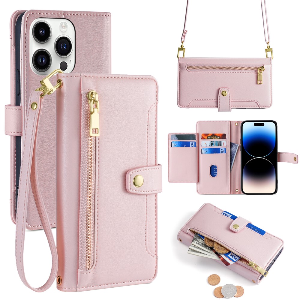 For iPhone 14 Pro Case Zipper Pocket Wallet Leather Phone Cover with 2 Straps - Pink