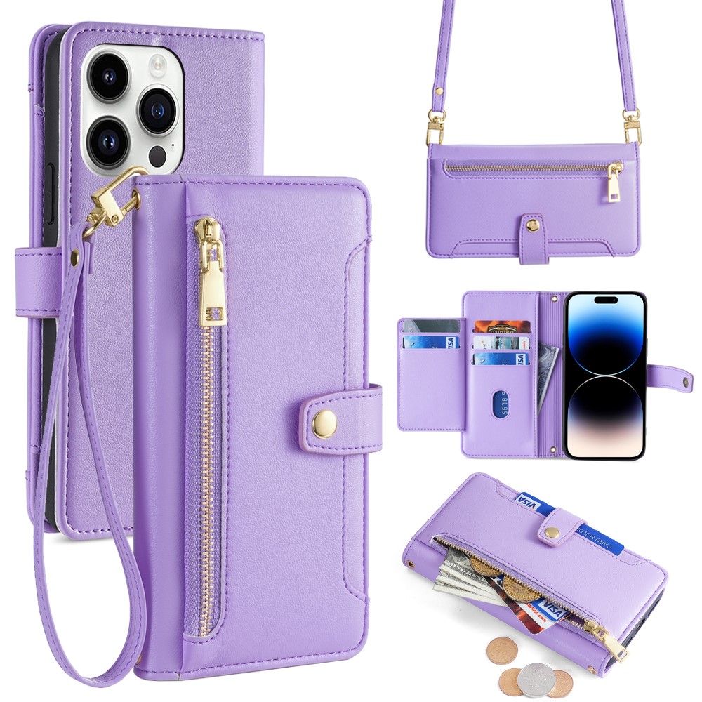 For iPhone 14 Pro Case Zipper Pocket Wallet Leather Phone Cover with 2 Straps - Purple