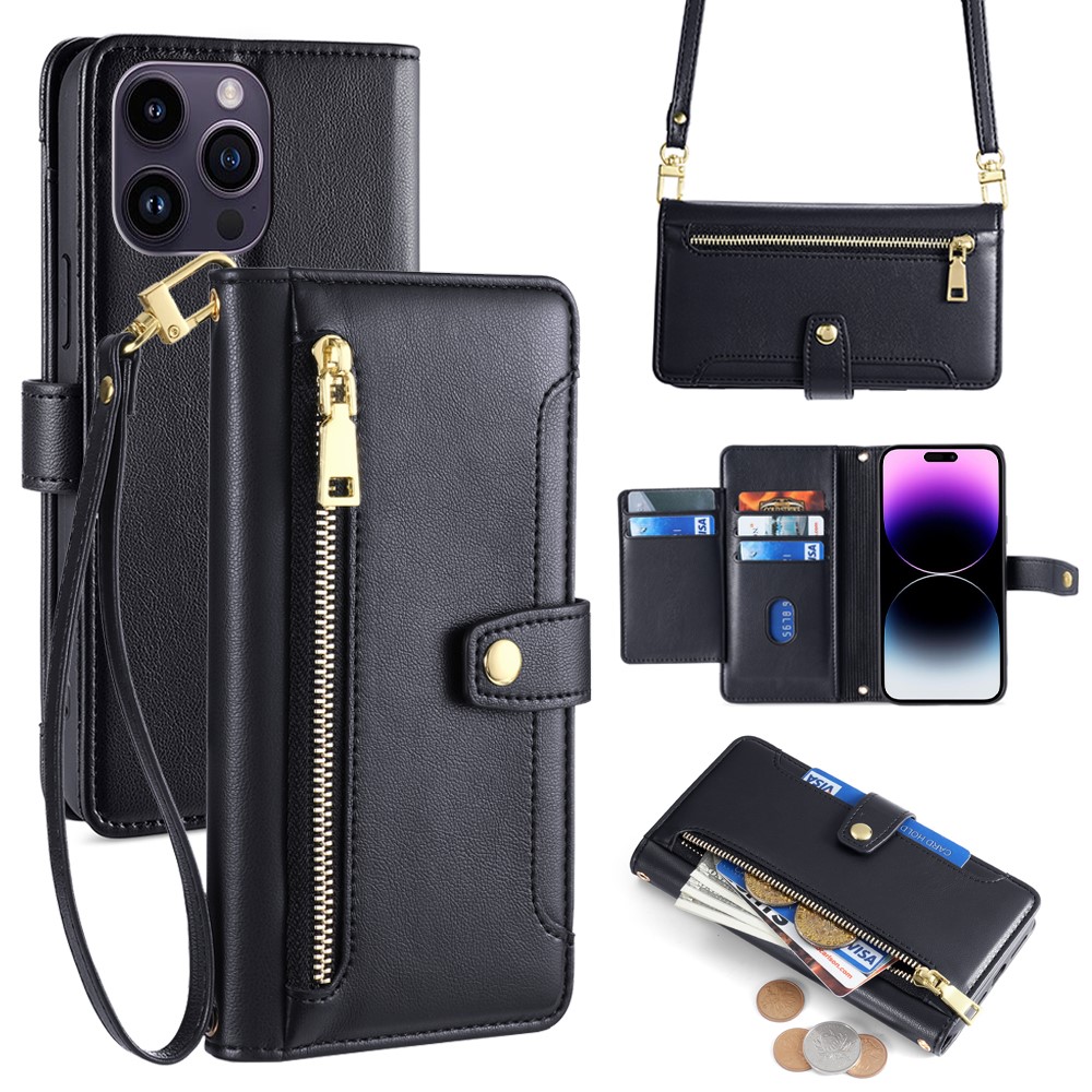 For iPhone 14 Pro Max Case Zipper Pocket Wallet Leather Phone Cover with 2 Straps - Black