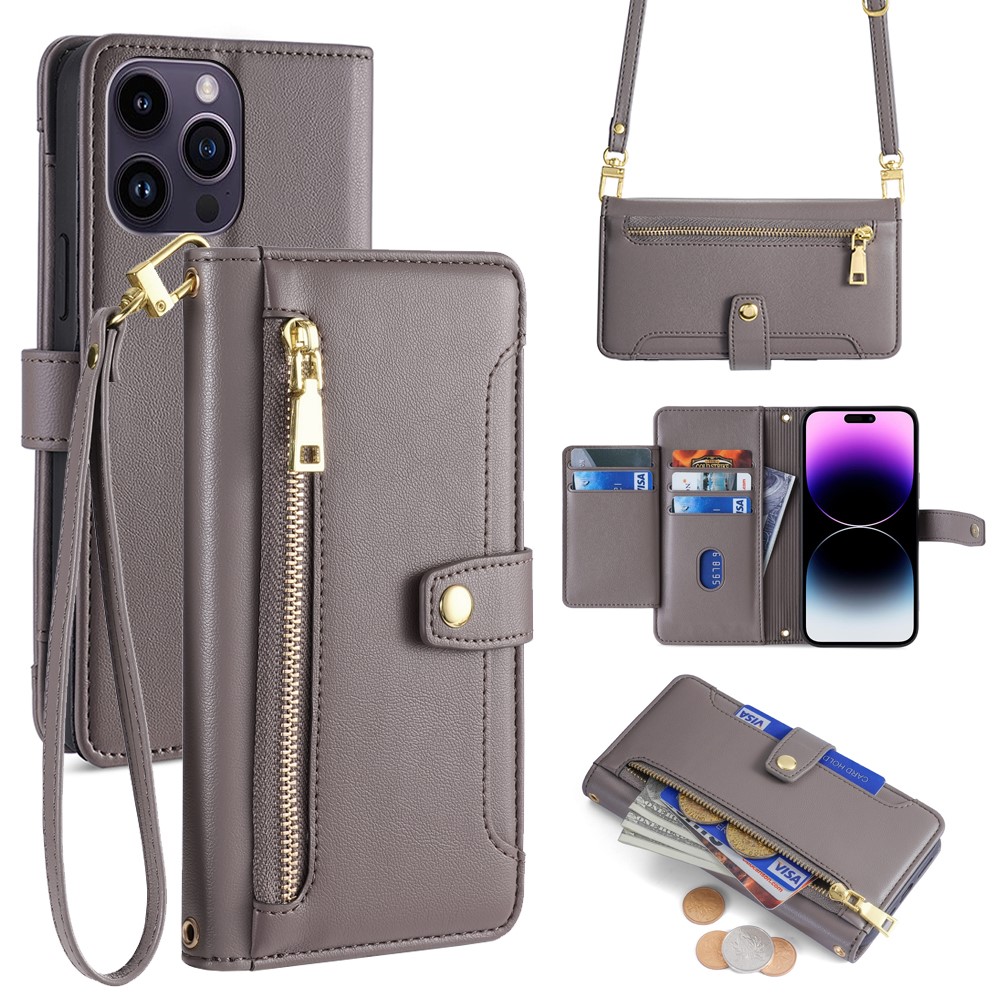 For iPhone 14 Pro Max Case Zipper Pocket Wallet Leather Phone Cover with 2 Straps - Grey