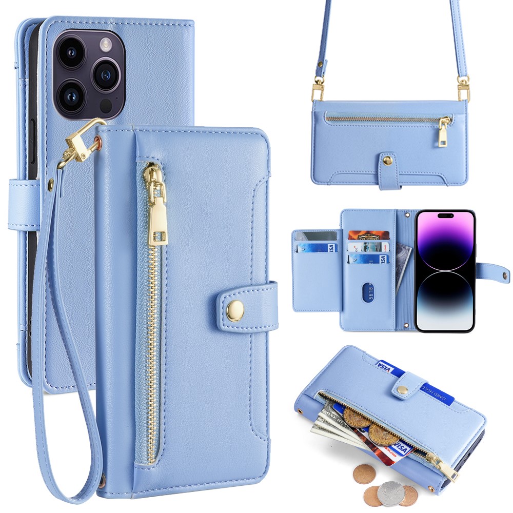 For iPhone 14 Pro Max Case Zipper Pocket Wallet Leather Phone Cover with 2 Straps - Blue