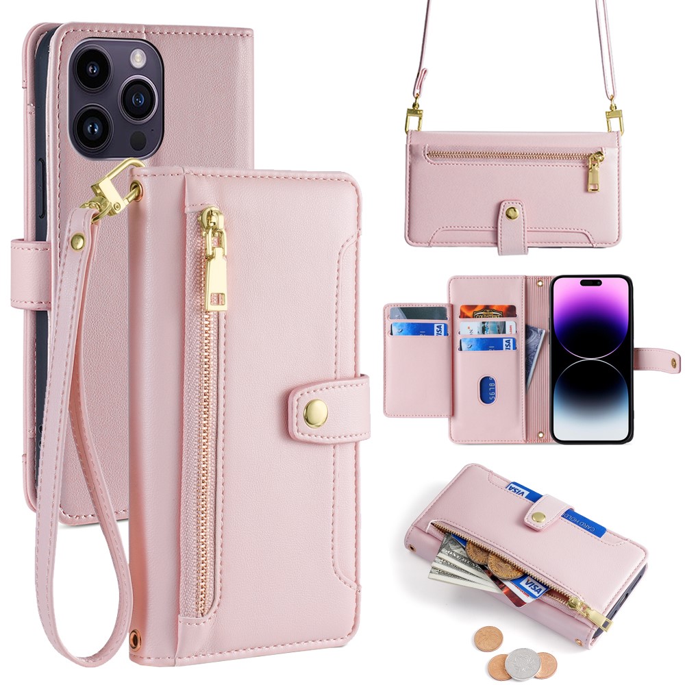 For iPhone 14 Pro Max Case Zipper Pocket Wallet Leather Phone Cover with 2 Straps - Pink